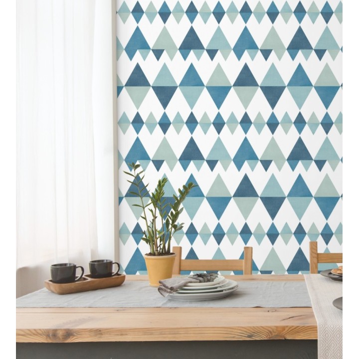 Papel pintado rombos y triángulos estilo nórdico tonos azules y turquesas - Hans Metrix 679421