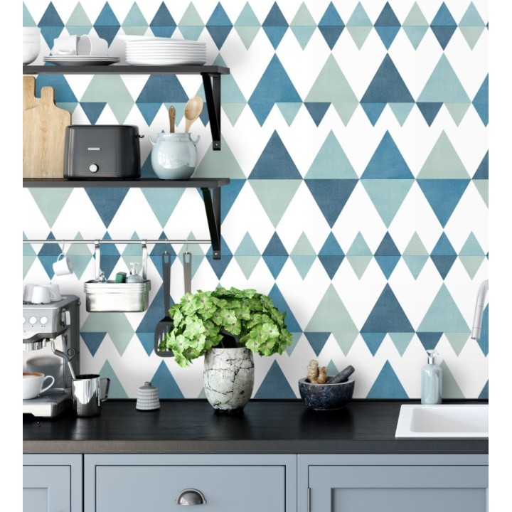 Papel pintado rombos y triángulos estilo nórdico tonos azules y turquesas - Hans Metrix 679421