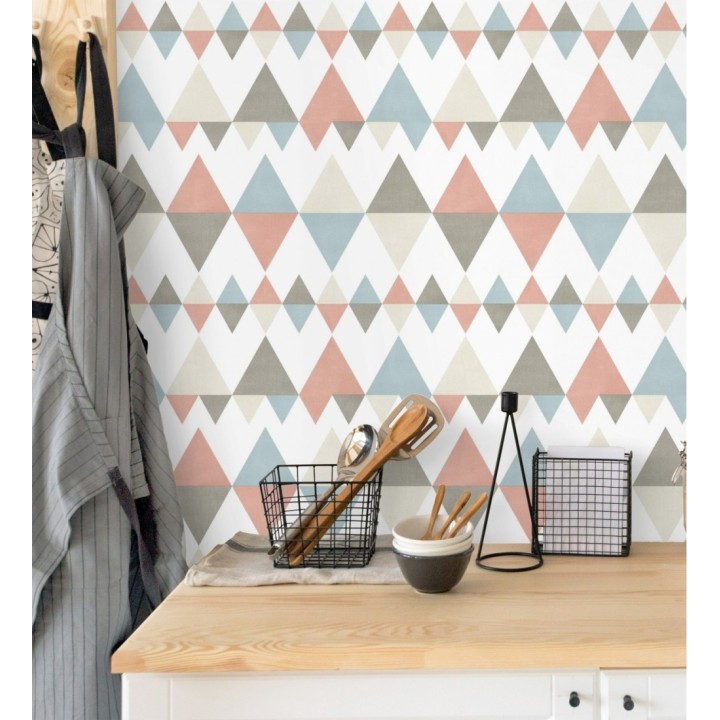 Papel pintado rombos y triángulos estilo nórdico tonos coral, celeste y gris - Hans Metrix 679423