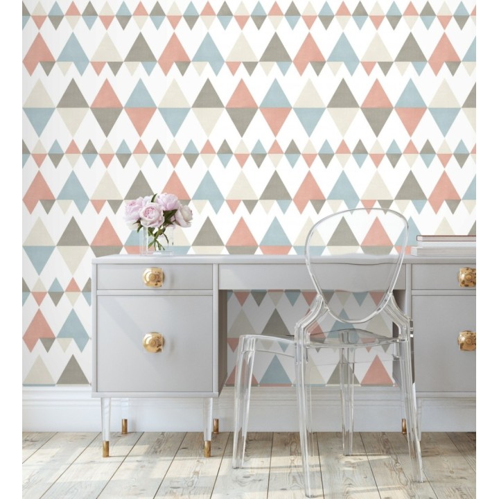 Papel pintado rombos y triángulos estilo nórdico tonos coral, celeste y gris - Hans Metrix 679423