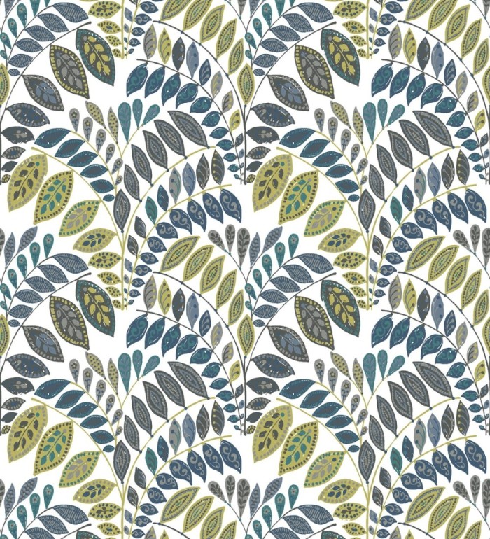 Papel pintado ramillete de hojas estilo nórdico tonos verde y gris oscuro - Sandy Springs 679434