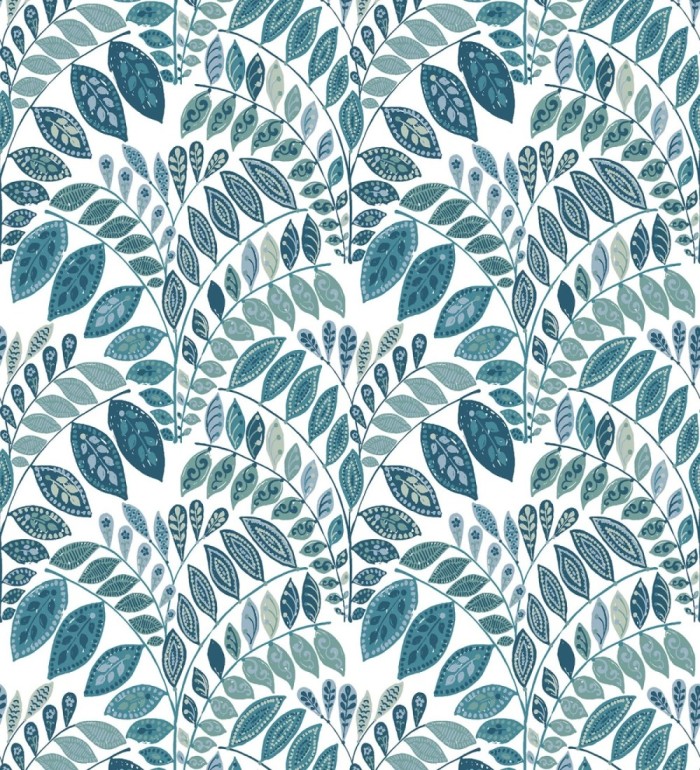 Papel pintado ramillete de hojas estilo nórdico tonos azules y turquesas - Sandy Springs 679436