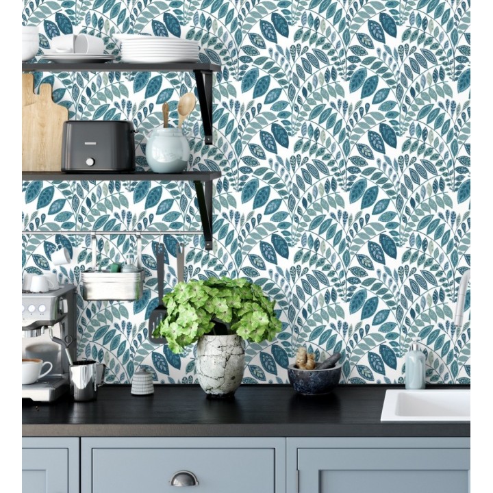 Papel pintado ramillete de hojas estilo nórdico tonos azules y turquesas - Sandy Springs 679436