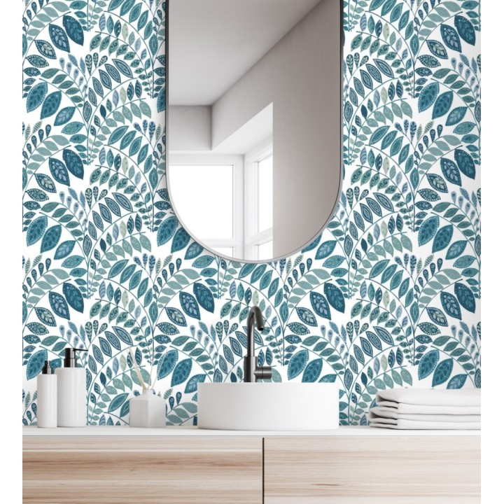 Papel pintado ramillete de hojas estilo nórdico tonos azules y turquesas - Sandy Springs 679436