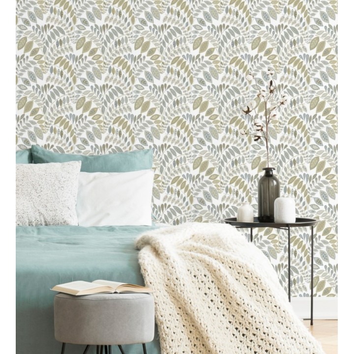 Papel pintado ramillete de hojas estilo nórdico tonos beige y grises - Sandy Springs 679437