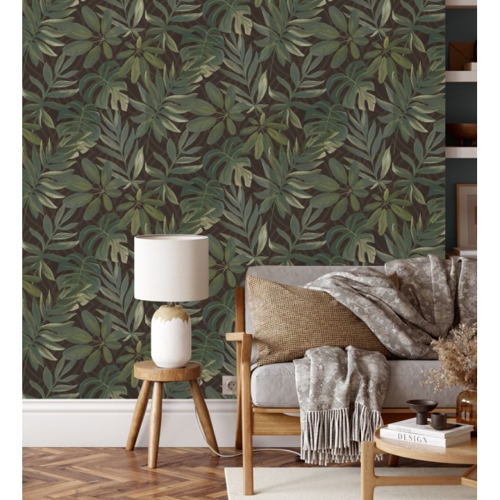 Papel pintado hojas grandes de monstera verde y marrón tropical - Palm Springs 679453