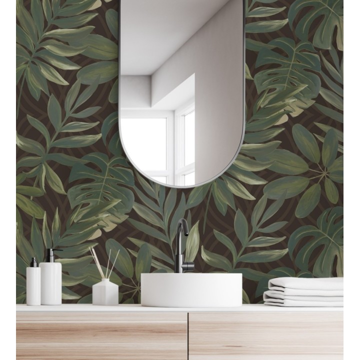 Papel pintado hojas grandes de monstera verde y marrón tropical - Palm Springs 679453