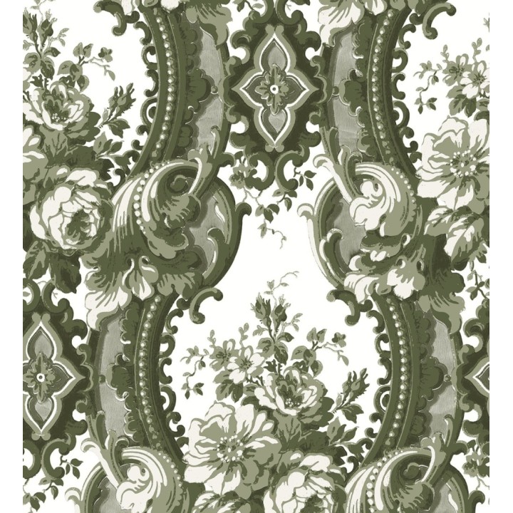 Papel pintado con flores enmarcadas en arcos con volutas estilo inglés tonos verdes - York House 679466
