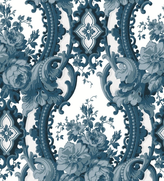 Papel pintado con flores enmarcadas en arcos con volutas estilo inglés tonos azules - York House 679467
