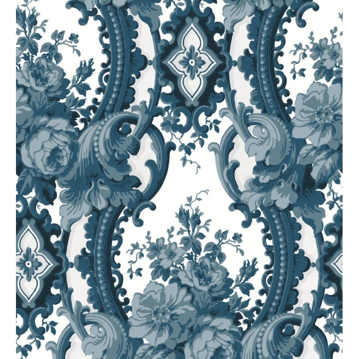 Papel pintado con flores enmarcadas en arcos con volutas estilo inglés tonos azules - York House 679467