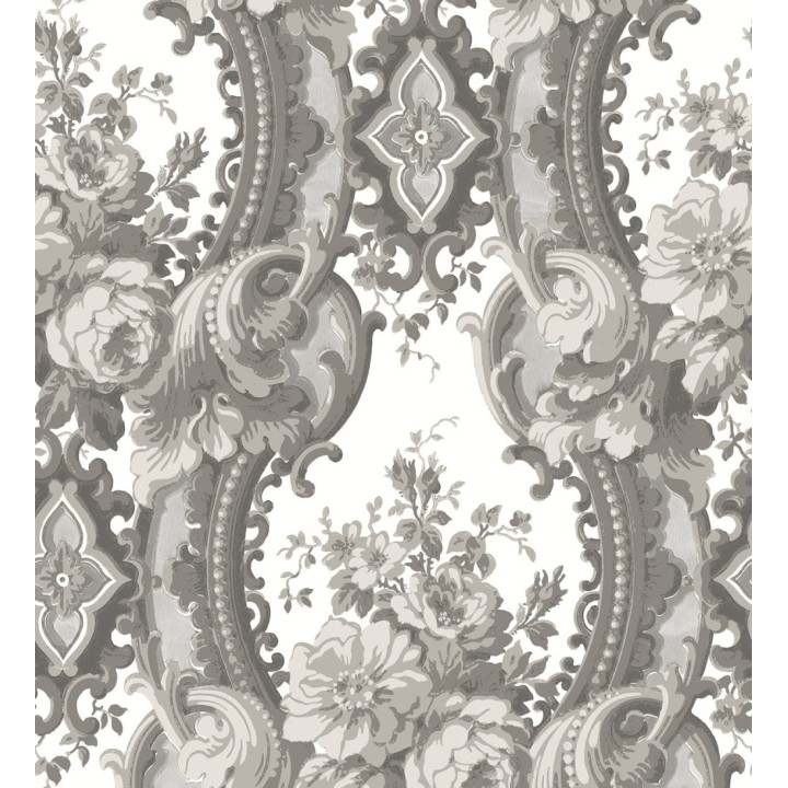 Papel pintado con flores enmarcadas en arcos con volutas estilo inglés tonos grises - York House 679468