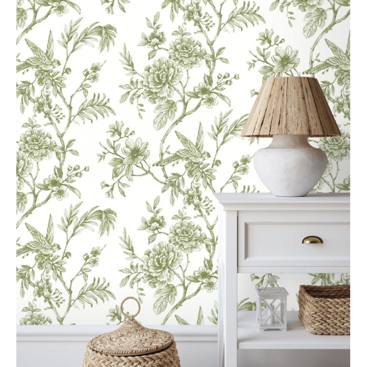 Papel pintado pájaros y hojas dibujado a carboncillo - La Bohème 679485