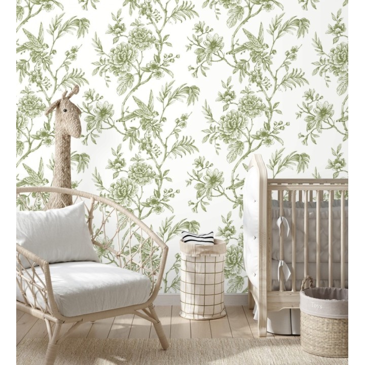 Papel pintado pájaros y hojas dibujado a carboncillo - La Bohème 679485