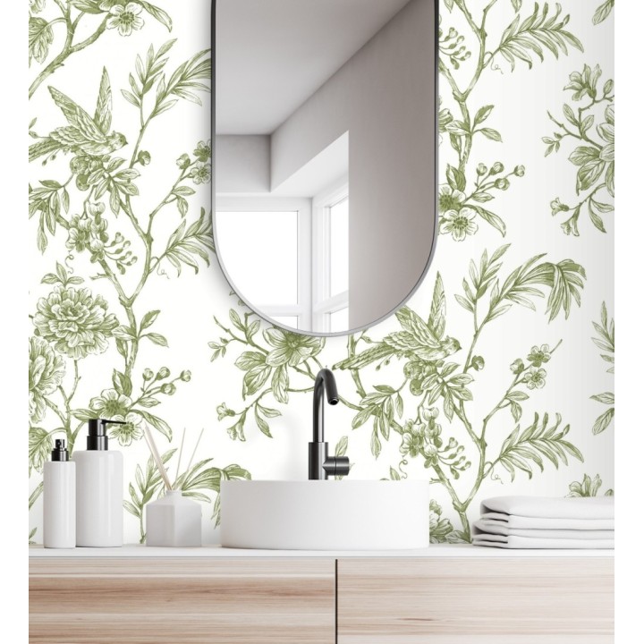 Papel pintado pájaros y hojas dibujado a carboncillo - La Bohème 679485