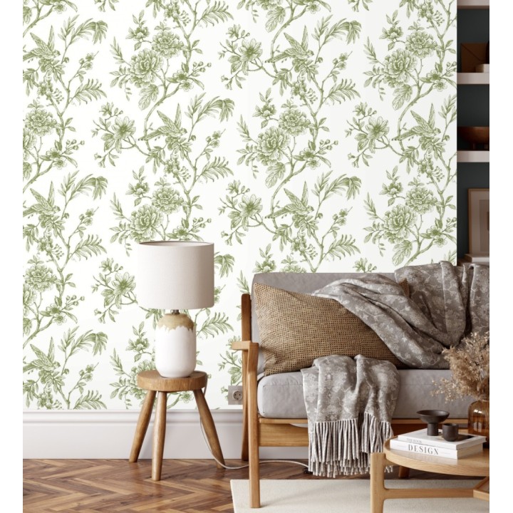 Papel pintado pájaros y hojas dibujado a carboncillo - La Bohème 679485