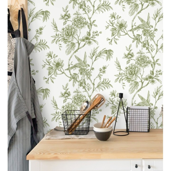 Papel pintado pájaros y hojas dibujado a carboncillo - La Bohème 679485