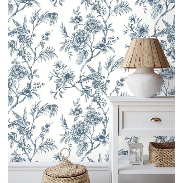 Papel pintado pájaros y hojas dibujado a carboncillo - La Bohème 679486