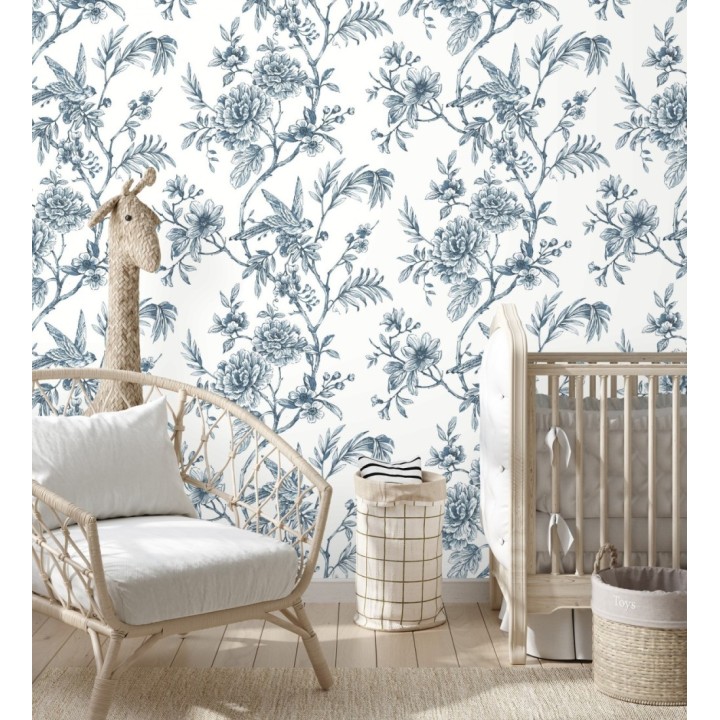 Papel pintado pájaros y hojas dibujado a carboncillo - La Bohème 679486