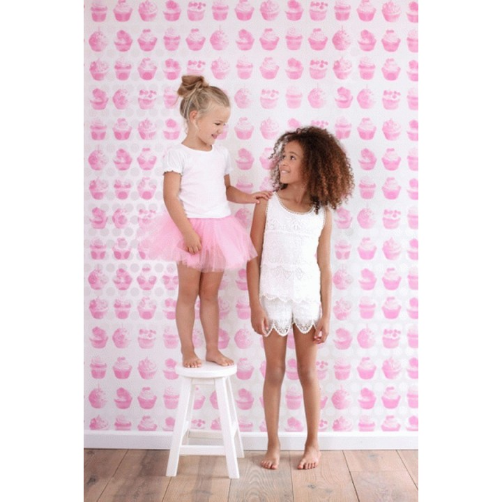 Papel pintado cupcakes tonos rosas con fondo de lunares - Cupcakes 7349