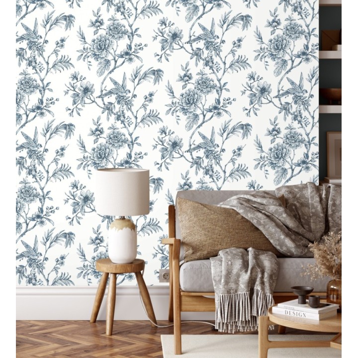 Papel pintado pájaros y hojas dibujado a carboncillo - La Bohème 679486