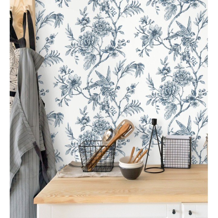 Papel pintado pájaros y hojas dibujado a carboncillo - La Bohème 679486