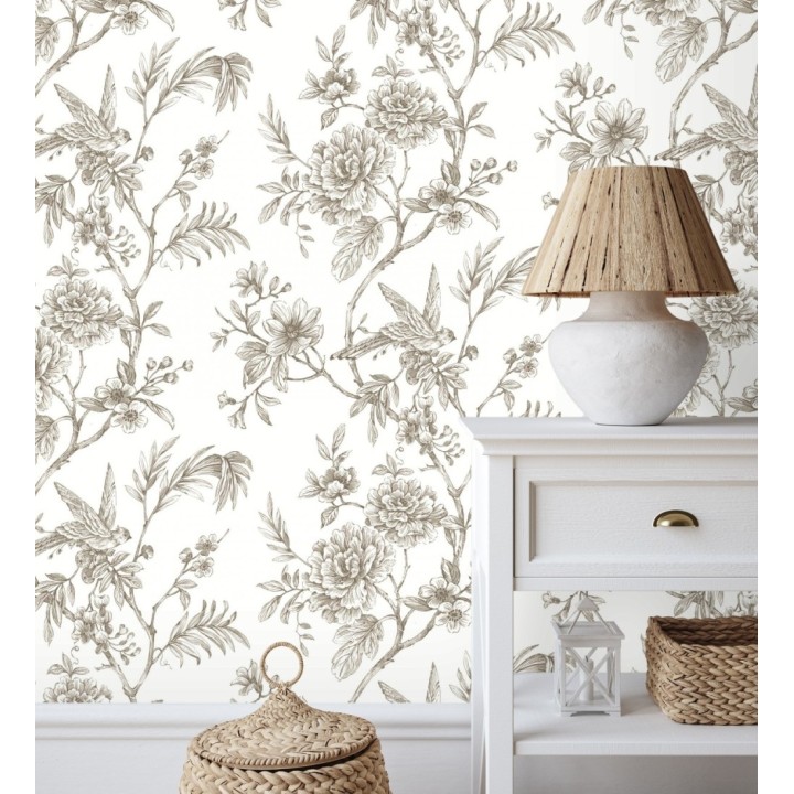 Papel pintado pájaros y hojas dibujado a carboncillo - La Bohème 679487