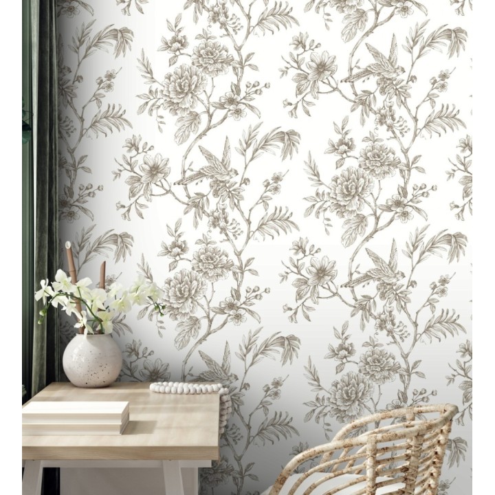 Papel pintado pájaros y hojas dibujado a carboncillo - La Bohème 679487