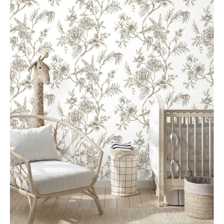 Papel pintado pájaros y hojas dibujado a carboncillo - La Bohème 679487