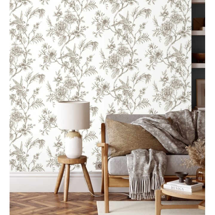 Papel pintado pájaros y hojas dibujado a carboncillo - La Bohème 679487