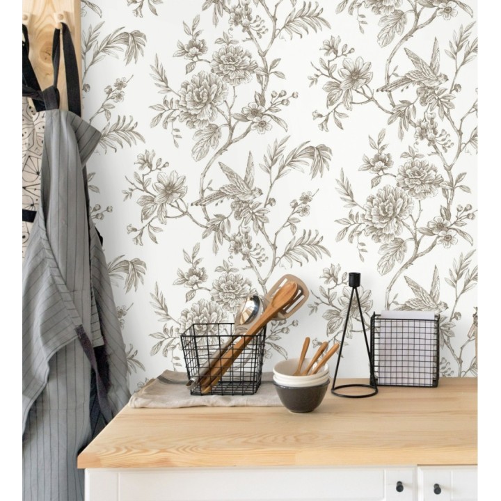 Papel pintado pájaros y hojas dibujado a carboncillo - La Bohème 679487