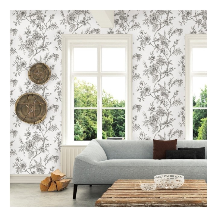 Papel pintado pájaros y hojas dibujado a carboncillo - La Bohème 679488