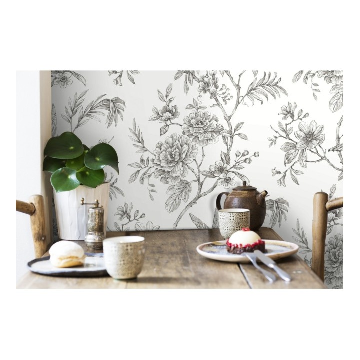 Papel pintado pájaros y hojas dibujado a carboncillo - La Bohème 679488