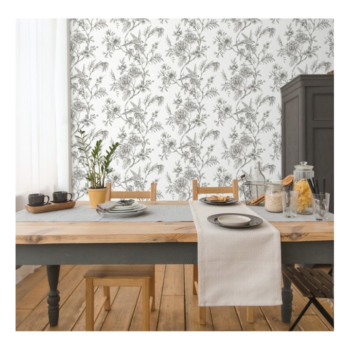 Papel pintado pájaros y hojas dibujado a carboncillo - La Bohème 679488