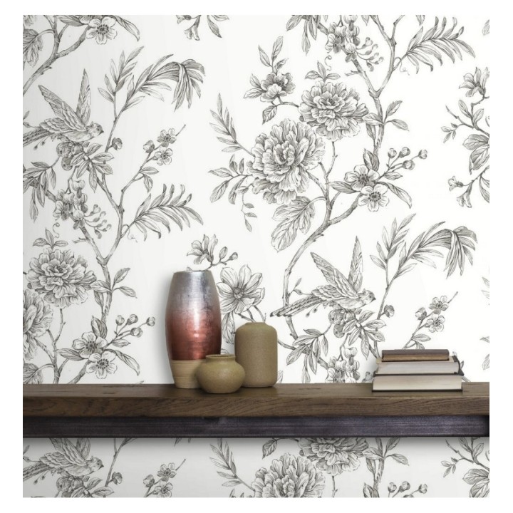 Papel pintado pájaros y hojas dibujado a carboncillo - La Bohème 679488