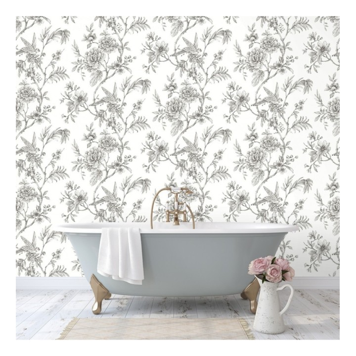 Papel pintado pájaros y hojas dibujado a carboncillo - La Bohème 679488