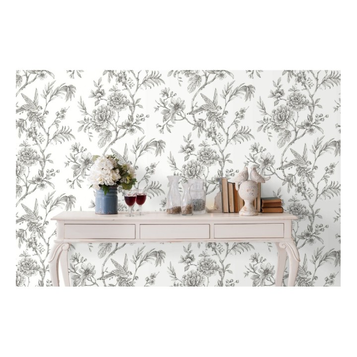 Papel pintado pájaros y hojas dibujado a carboncillo - La Bohème 679488