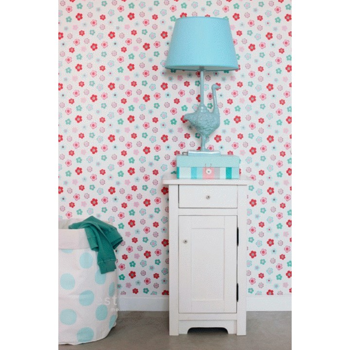 Papel pintado flores pequeñas infantiles tonos rosas y celestes - Merce 7350