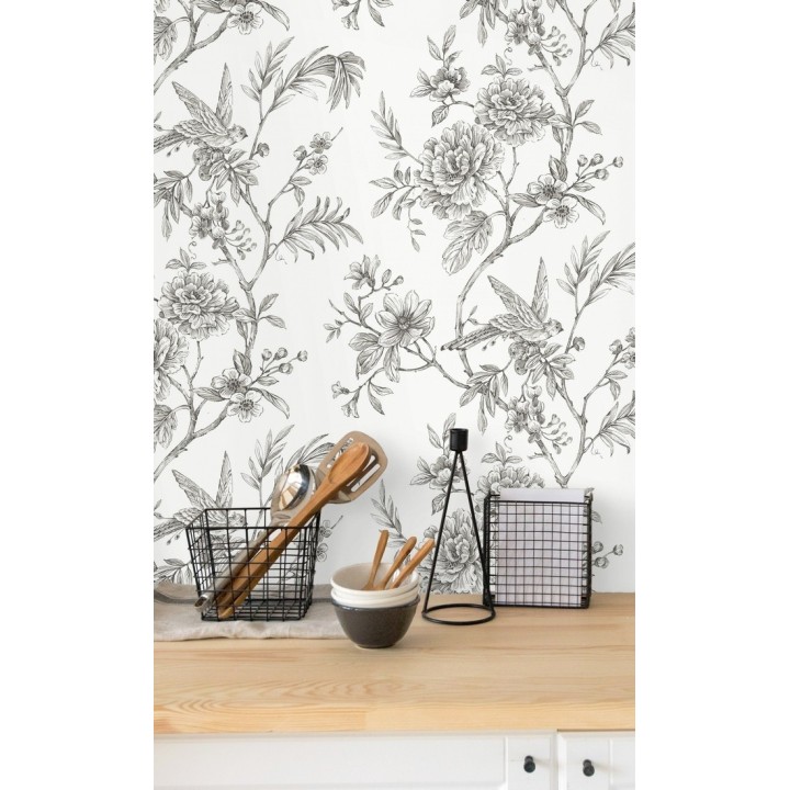 Papel pintado pájaros y hojas dibujado a carboncillo - La Bohème 679488