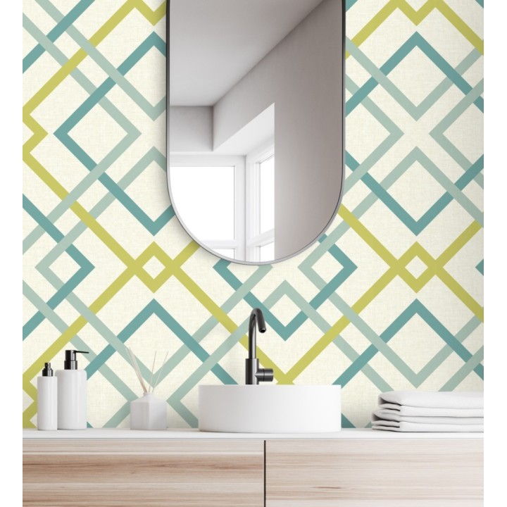 Papel pintado geométrico cuadros entrelazados estilo nórdico tonos tropicales - Copenhagen 679510