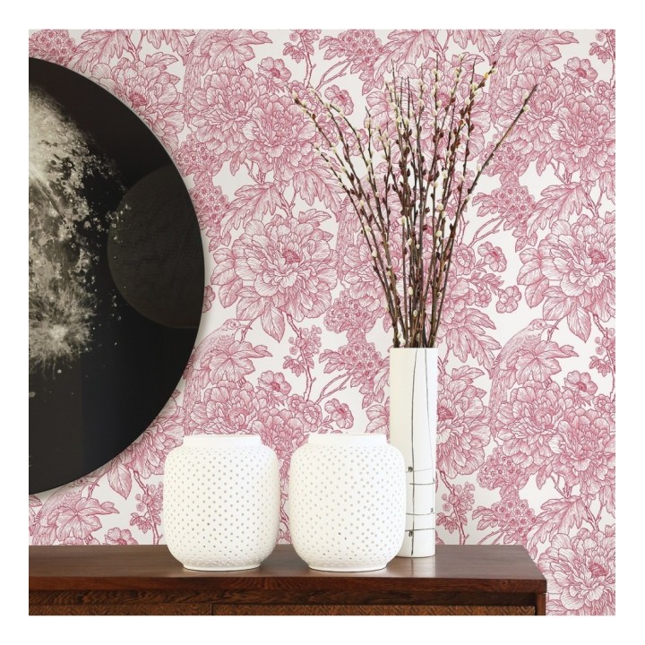 Papel pintado romántico flores y pájaros tonos rosa  - Bristol Flowers 679528