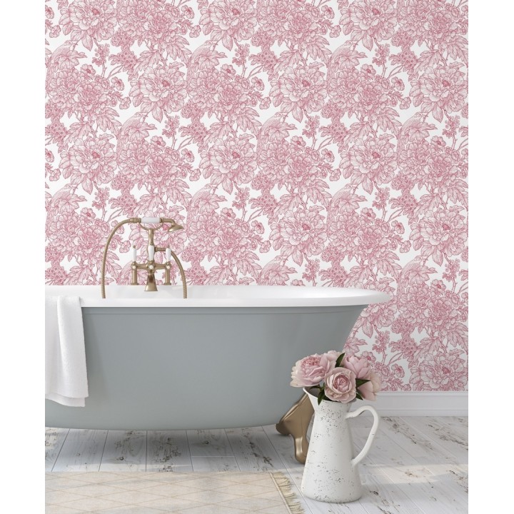 Papel pintado romántico flores y pájaros tonos rosa  - Bristol Flowers 679528