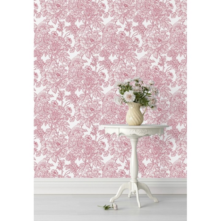 Papel pintado romántico flores y pájaros tonos rosa  - Bristol Flowers 679528