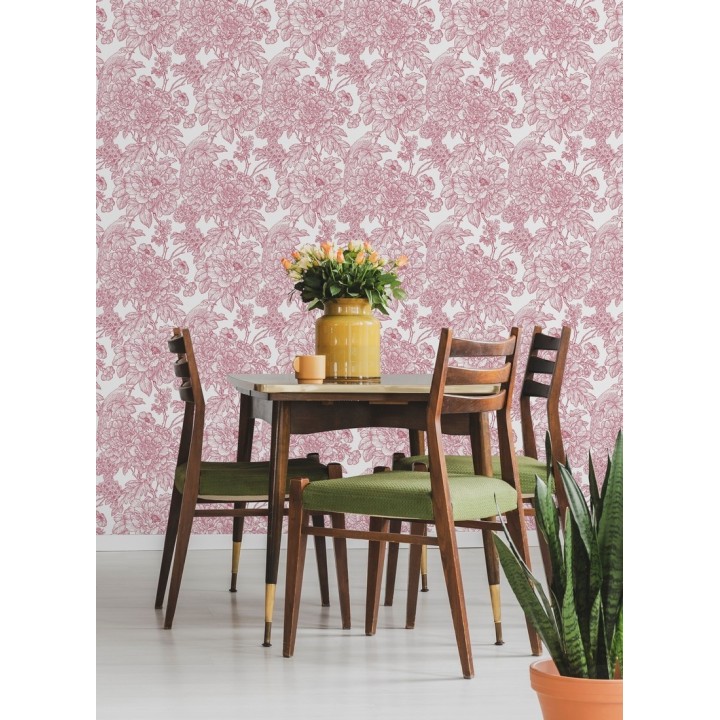 Papel pintado romántico flores y pájaros tonos rosa  - Bristol Flowers 679528