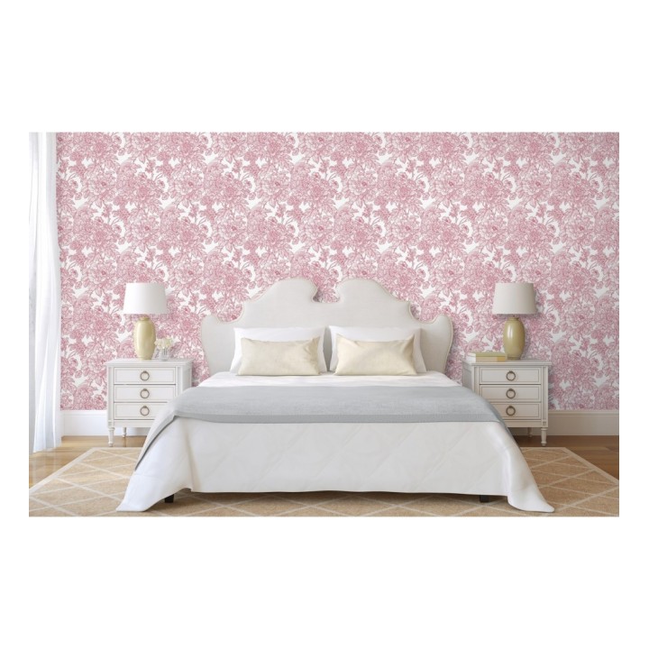 Papel pintado romántico flores y pájaros tonos rosa  - Bristol Flowers 679528