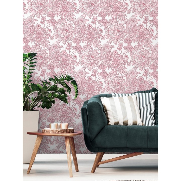 Papel pintado romántico flores y pájaros tonos rosa  - Bristol Flowers 679528