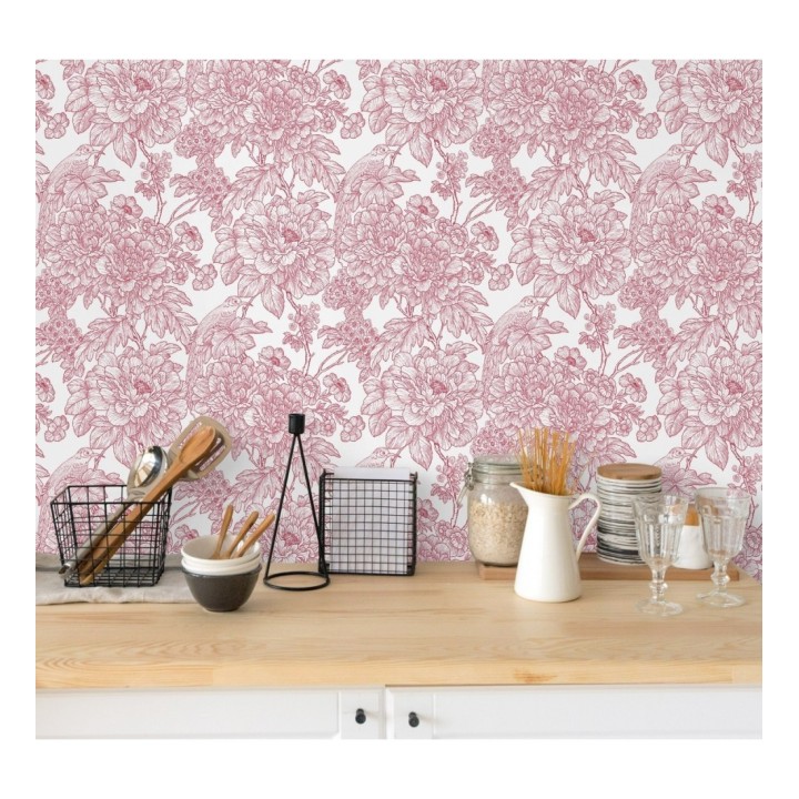 Papel pintado romántico flores y pájaros tonos rosa  - Bristol Flowers 679528