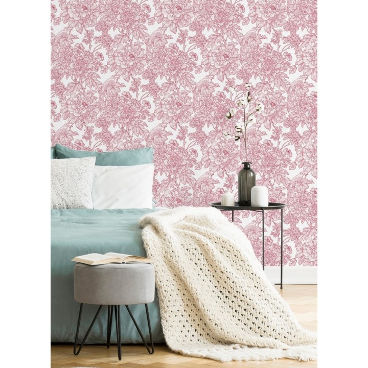 Papel pintado romántico flores y pájaros tonos rosa  - Bristol Flowers 679528