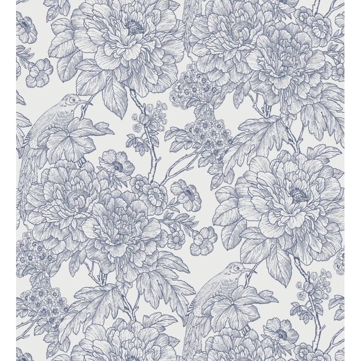 Papel pintado romántico flores y pájaros tonos azules  - Bristol Flowers 679529