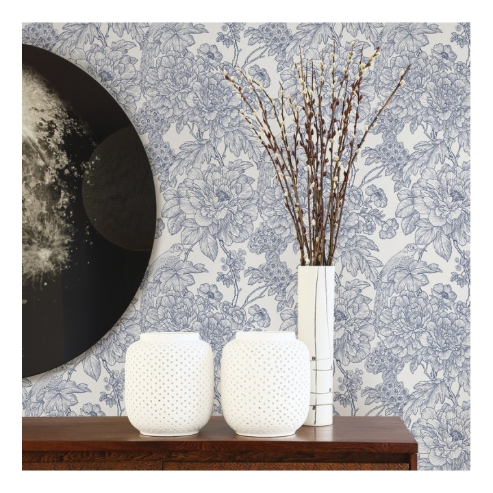 Papel pintado romántico flores y pájaros tonos azules  - Bristol Flowers 679529