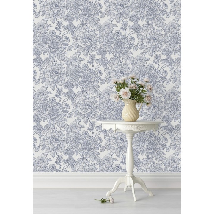 Papel pintado romántico flores y pájaros tonos azules  - Bristol Flowers 679529